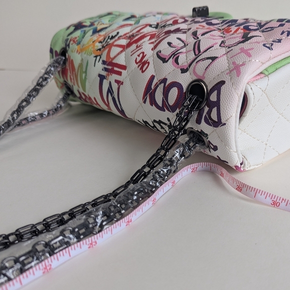 Boutique Quilted Graffiti Print Shoulder Bag Structured Crossbody w/ Chain Strap - Picture 16 of 16